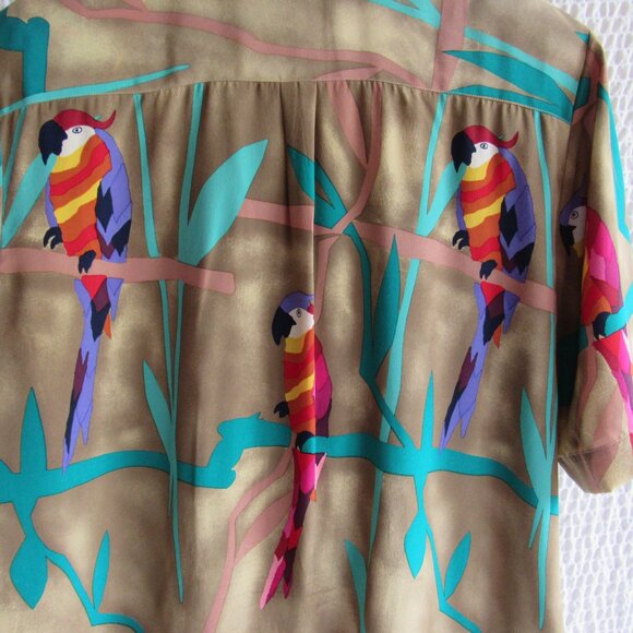 100% Silk Shirt Top Blouse M Vintage 80s Tropical Bird Parrots Ann May Wrap - Picture 2 of 11